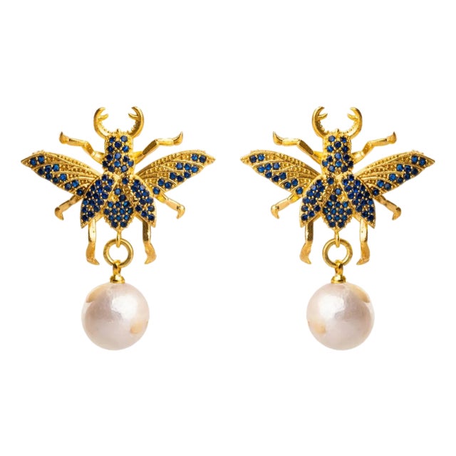 Divine Connection Queen Bee Sapphire & Gold Chunky Earrings, A Pair For Sale