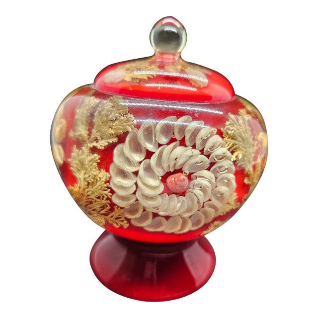 Vintage Lucite Acrylic and Shells Trinket Box W. Lid, Japan Symbols For Sale