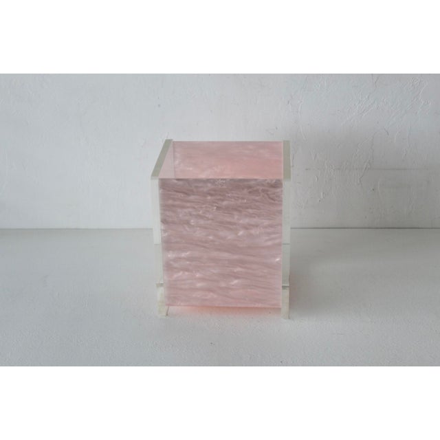 Vintage Mid-Century Acrylic Lucite Pink Mother of Pearl/Marble Effect Rectangular Wastebasket For Sale - Image 9 of 13