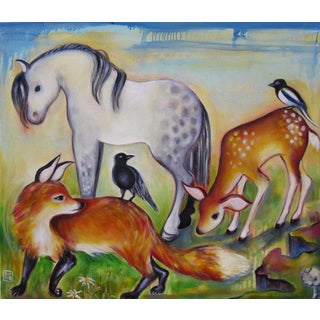 The Wild Ones by Zoa Ace | Oil Painting of animals including a horse, fox, deer, and birds. For Sale