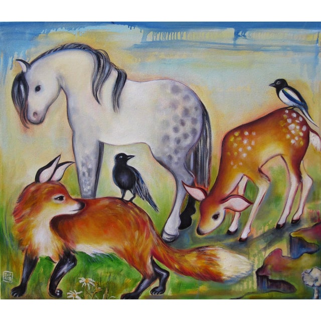 The Wild Ones by Zoa Ace | Oil Painting of animals including a horse, fox, deer, and birds. For Sale