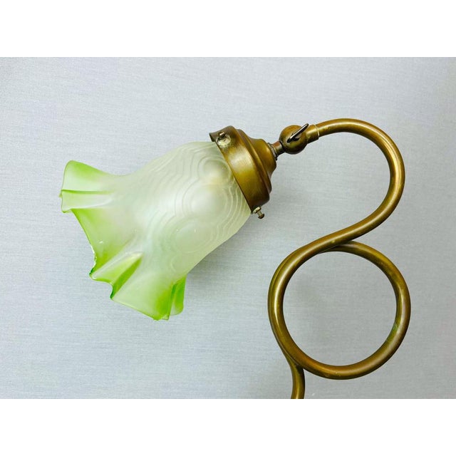 Portuguese Brass Table Lamp with Green Glass Tulip Shade, 1930s For Sale - Image 6 of 14