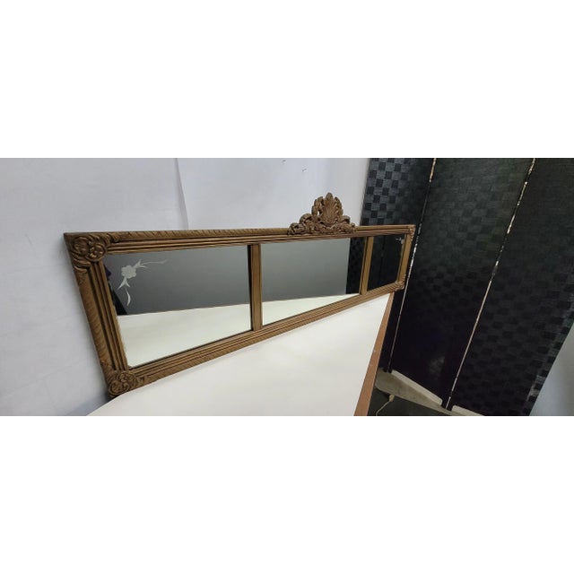 Antique 1920s Colonial Revival 3-Panel Etched Glass Wall Mirror, Carved Wood Frame, 48"w For Sale - Image 9 of 13
