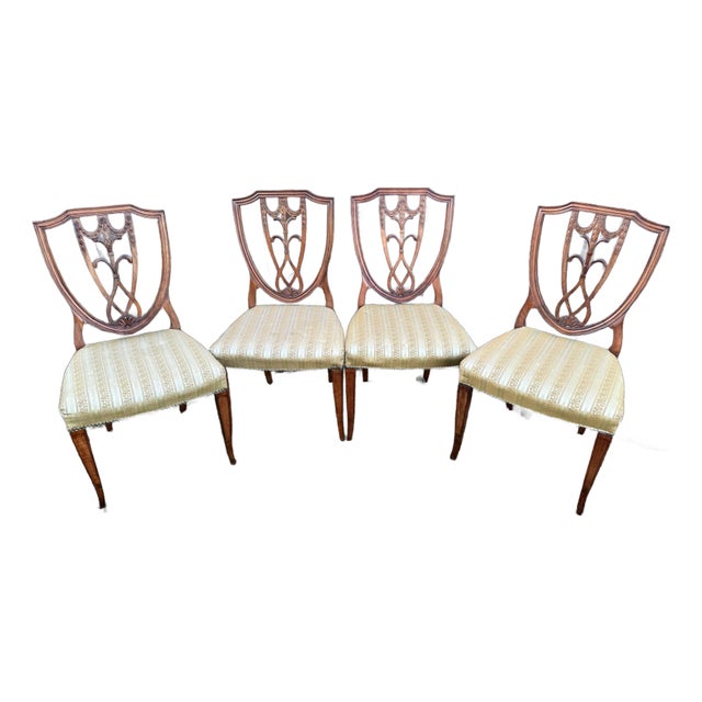 1960s Mahogany Carved Shield-Back Gold Fabric Hepplewhite Chairs - Set of 4 For Sale