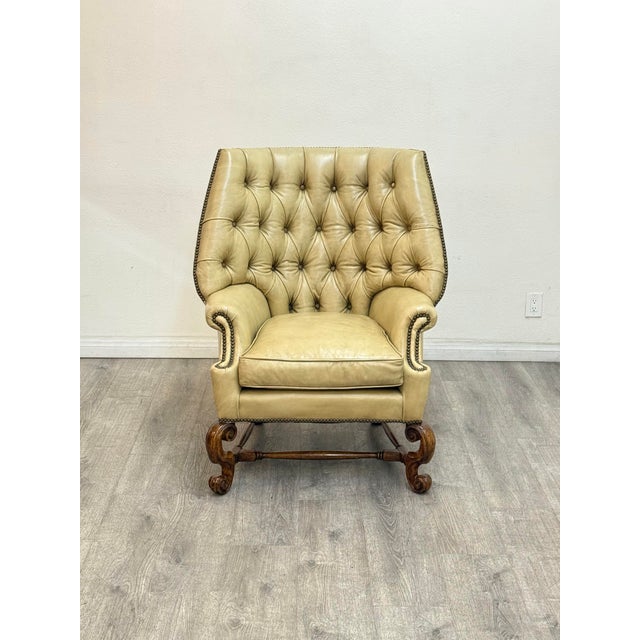 Animal Skin Wingback Leather Chair With Ottoman For Sale - Image 7 of 12