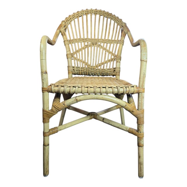Statement Coastal Boho Chic Rattan and Wicker Accent Chair For Sale