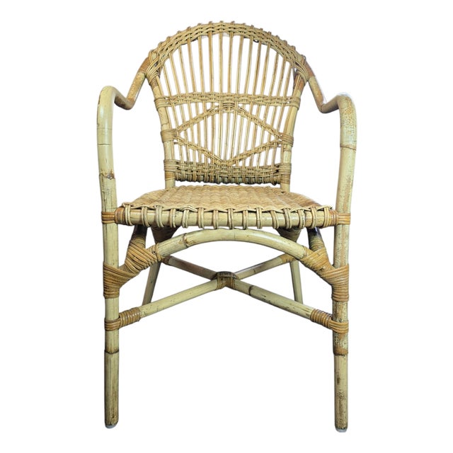 Vintage Mid Century Style Rattan and Wicker Accent Lounge Chair For Sale