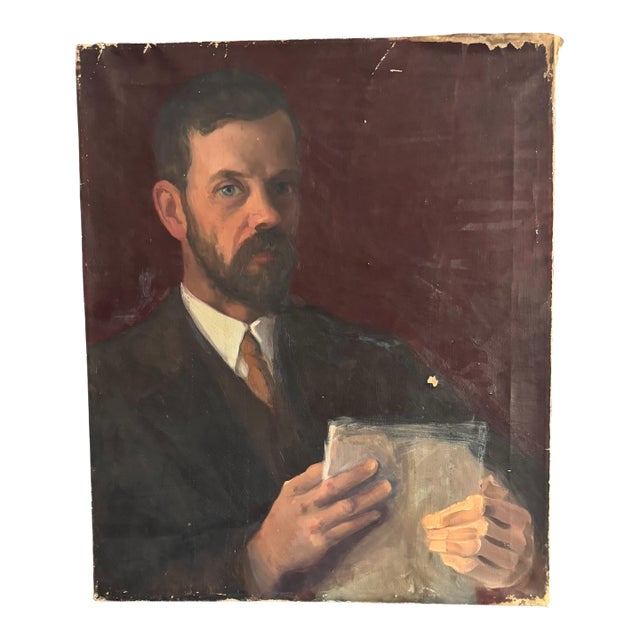 Vintage Portrait Painting by Frank Tolles Chamberlin – Oil on Canvas – Bearded Gentleman Holding Book For Sale