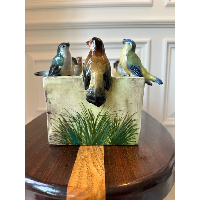 Light Yellow Antique Jerome Massier French Ceramic Planter Cachepot With 9 Bird Sculptures For Sale - Image 8 of 18