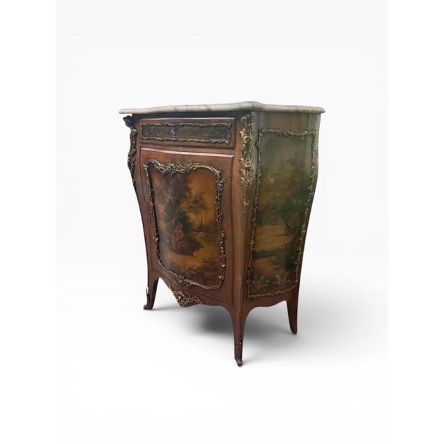 Early 20th Century French Louis XV Style Bombe Cabinet With Shaped Marble Top and Vernis Martin Style Painted Panels For Sale - Image 10 of 14