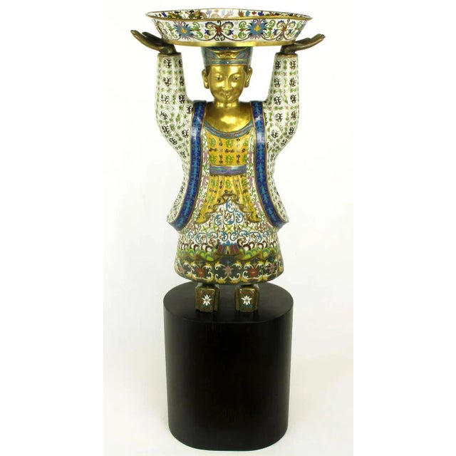 and Palatial, Cloisonne Vessel-Bearing Figures - a Pair For Sale - Image 4 of 11