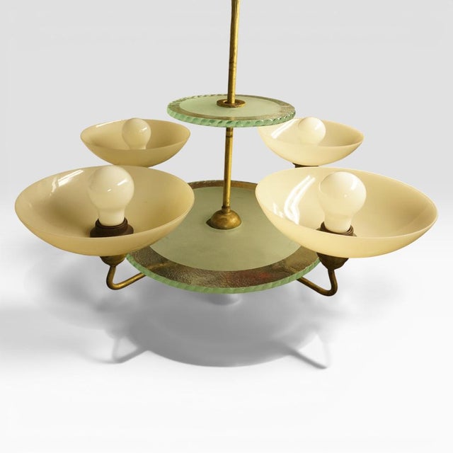 Gold Swedish Grace Brass Chandelier with Glass Discs by Harald Notini for Böhlmarks Sweden, 1930s For Sale - Image 8 of 10