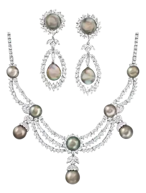 1990s South Sea "Akoya" Gray Pearl, White Diamond Platinum Necklace Earrings Set
