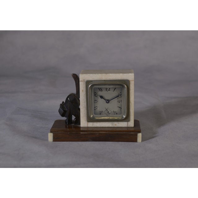 Art Deco Macassar Ebony and Marble Alarm Clock with Small Ebony Cat from Bayart, 1930s For Sale - Image 3 of 10