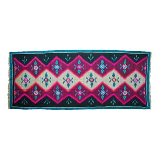 Vintage Romanian-Balkan Handwoven Wool Flatweave Runner Rug with Geometric Medallions, 1970s For Sale