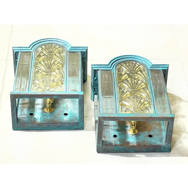 Stunning Pair of Vintage Art Deco Brass Verdigris Wall Sconces / Lanterns For Sale - Image 12 of 14