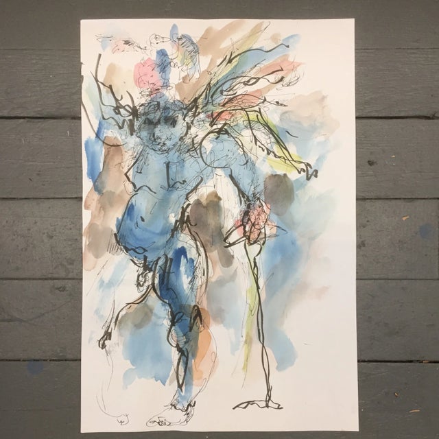 1970s Original Ink & Watercolor Abstract Painting For Sale - Image 5 of 5