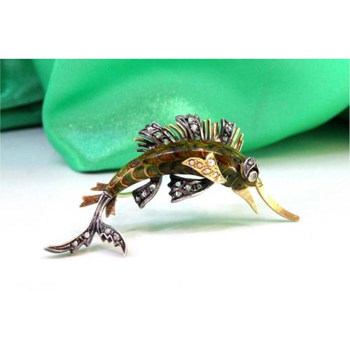 Gold and Silver Brooch with Diamond Flakes and Enamel For Sale - Image 4 of 7