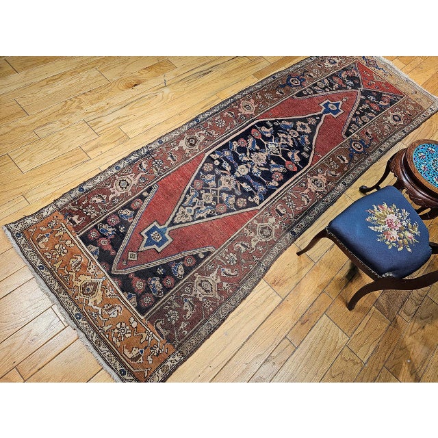 Antique Persian Bidjar Wide Runner, Hand-Knotted Wool, Geometric Pattern, Terracotta & Navy, 4x11 For Sale - Image 10 of 18