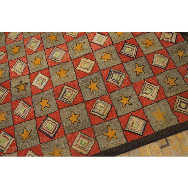 1920s Gray Red Geometric Folk Art Antique American Hooked Rug 6'8" X 7'5" Hand Knotted Wool Carpet For Sale - Image 4 of 15