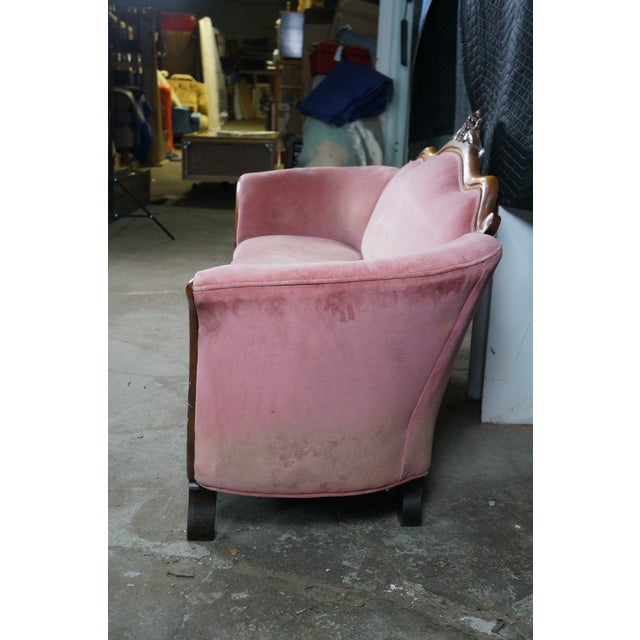 Antique Victorian American Empire Serpentine Walnut Pink Camelback Sofa Loveseat For Sale - Image 6 of 15