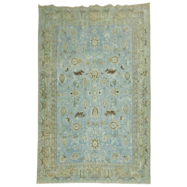 Early 20th Century Light Blue Animal Persian Tabriz Rug For Sale - Image 5 of 12
