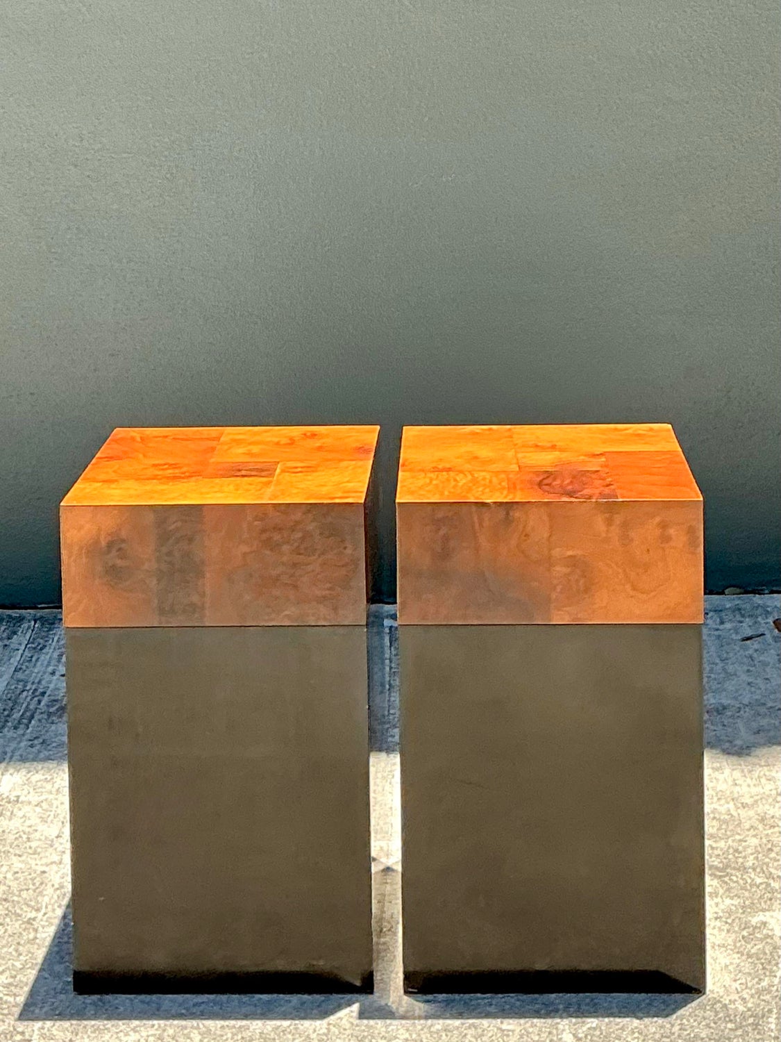 Vintage Parquet Burl Wood Drinks Tables - A Pair - Side view