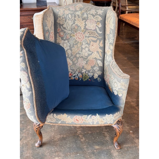 1920s Needlepoint Upholstered Wingback Chair With Carved Cabriole Legs For Sale - Image 4 of 12