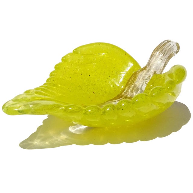 Figurative Murano Italian Art Glass Bright Yellow Gold Flecks Leaf Shape Decorative Jewelry Trinket Dish For Sale - Image 3 of 7
