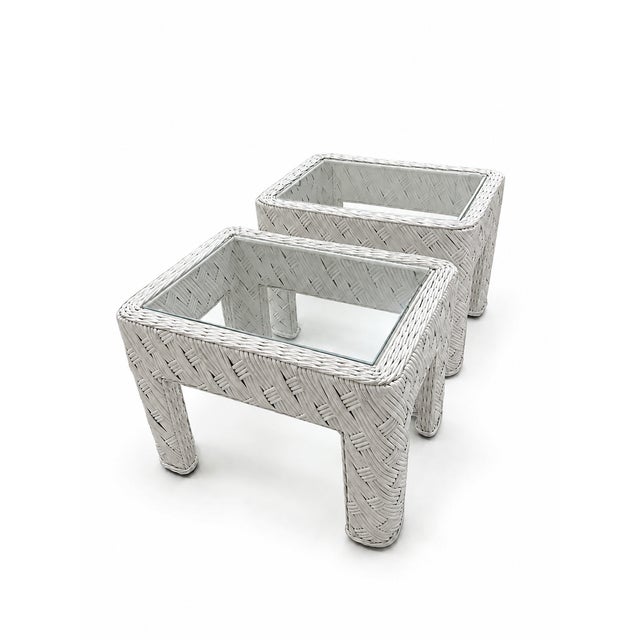 1980s Coastal White Woven Rattan Glass-Top Side Tables—Pair For Sale - Image 4 of 7