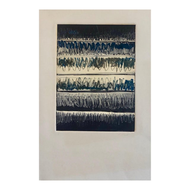 Pierre Obando, Abstract Expressionist Modernist Denim Blue Monoprint Monotype Painting Print, 1997 For Sale