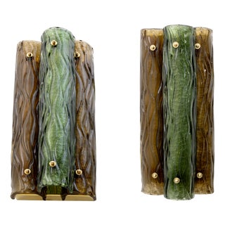 Modern Amber and Green Murano Glass and Brass Sconces, 2000s, Set of 2 For Sale