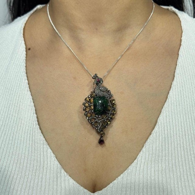 Handcrafted Peacock Motif Brooch Pendant With Multi Gems and Diamonds For Sale - Image 11 of 14