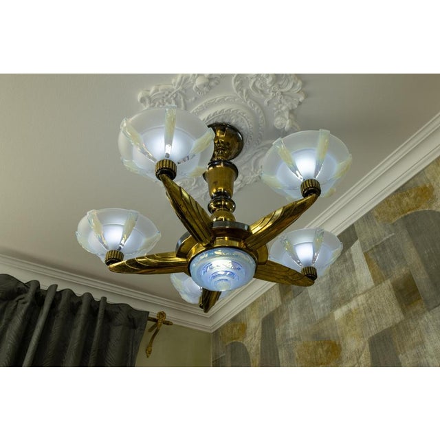 Art Deco Bronze and Opalescent Glass Six-Light Chandelier attributed to Ezan, France For Sale - Image 3 of 18
