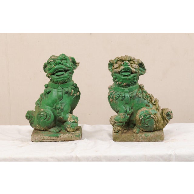 Chinese Mid 20th Century Foo Dogs with Original Green Paint - a Pair For Sale - Image 3 of 10