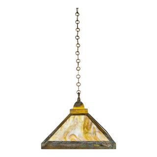 Arts & Crafts Mission Style Amber Stained Glass & Brass Pendant For Sale