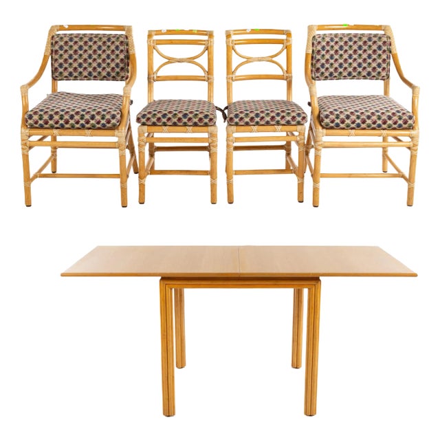 1970s McGuire Bamboo and Rattan Flip-Top Games Table With Extension Leaves and Four Dining Chairs For Sale