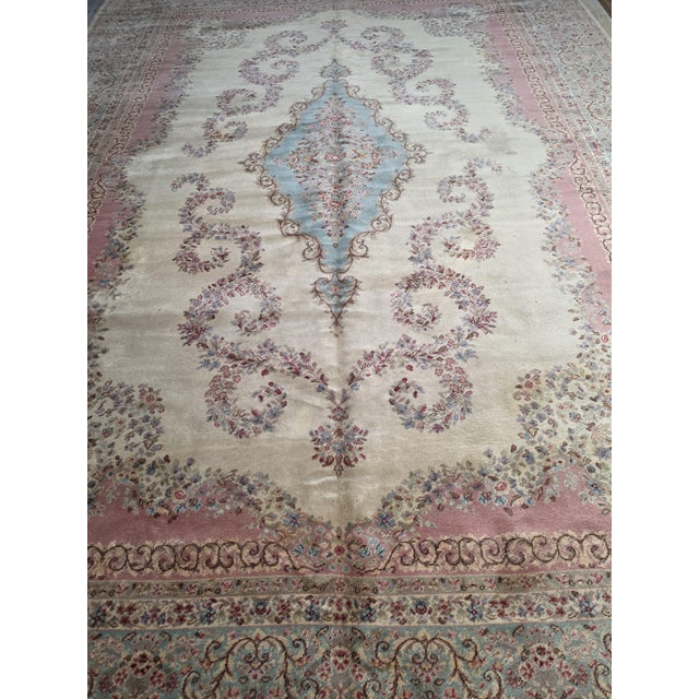 Traditional Vintage Persian Style Ivory, Dusty Rose & Powder Blue Floral Palace Rug, Circa Mid-20th Century – 15’11” X 11’4” For Sale - Image 3 of 9