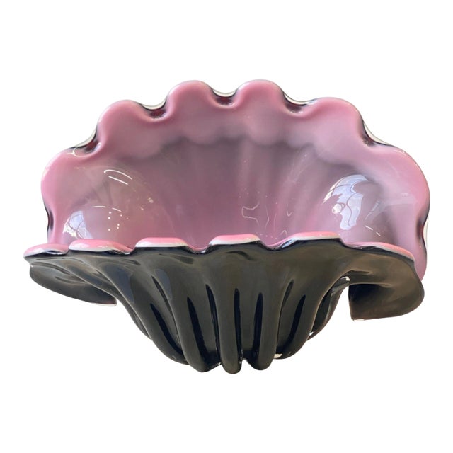 Vintage 1960s Large Scale Black and Pink Murano Clam Shell Centerpiece Bowl Attributed to Archimede Seguso For Sale