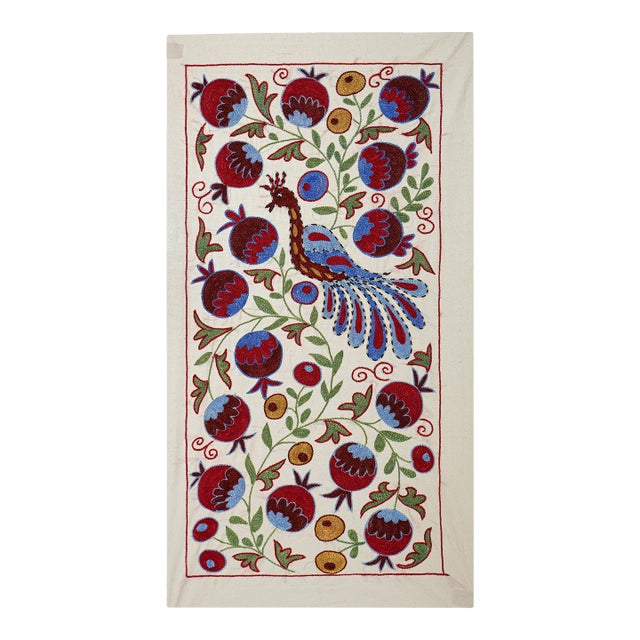 Pomegranate & Peacock Suzani Wall Art, Colorful Uzbek Textile, Boho Decor 1'6'' X 3' For Sale