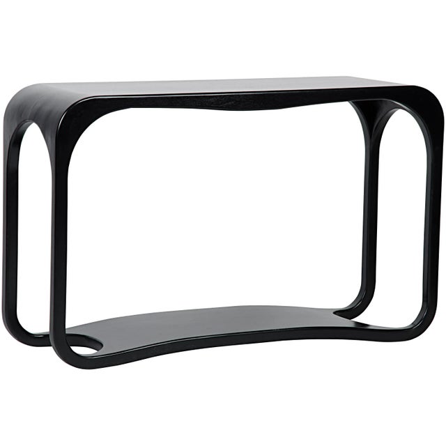 A rounded rectangle of mahogany, simplicity defined, is enhanced with subtle curves and a hand-rubbed black finish in this...