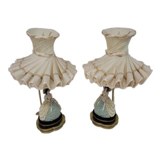 Early 20th Century Victorian Dresden Porcelain Lace Lady Boudoir Lamps - Pair For Sale