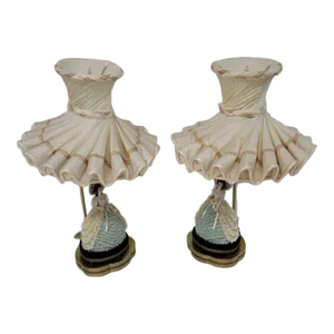 Victorian Dresden Porcelain Lace Lady Boudoir Lamps - Pair