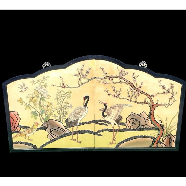 Gold Vintage Massive Arched Chinoiserie Carved Wood Egret Birds Cherry Blossom Wall Hanging screenHeadboard For Sale - Image 8 of 13