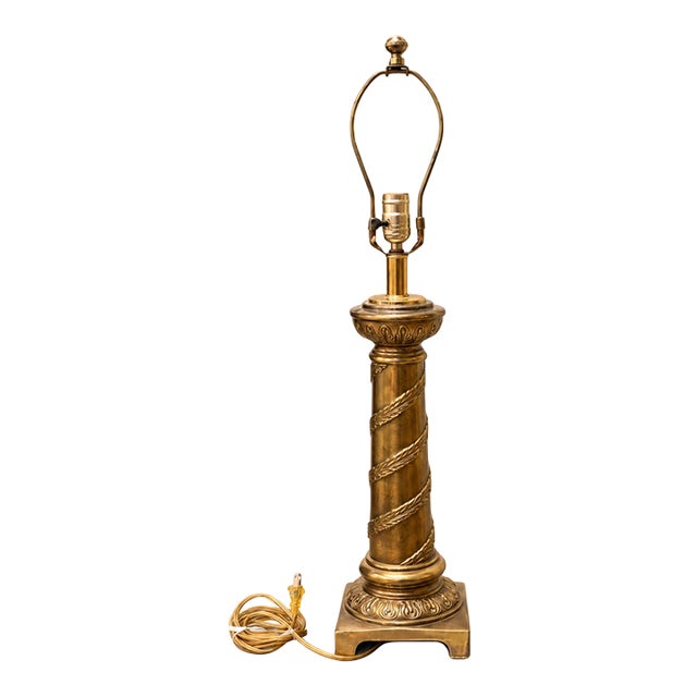 Vintage Brass Column Table Lamp 29” – Ornate Spiral Laurel Leaf Detail & Classical Style For Sale
