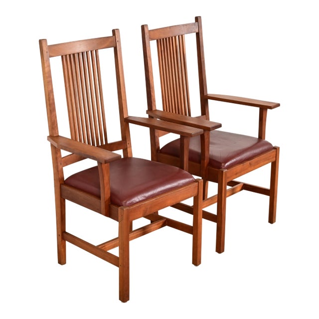 Stickley Mission Arts & Crafts Cherry Wood Spindle Back Armchairs, Pair For Sale