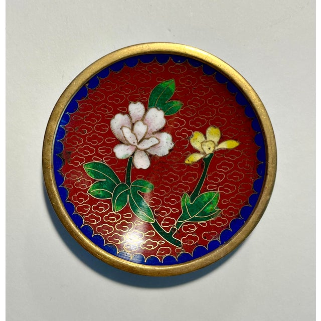 Metal Set of Six Vintage Chinese Cloisonne Enamel Round 3” Trinket Dish Plates For Sale - Image 7 of 9