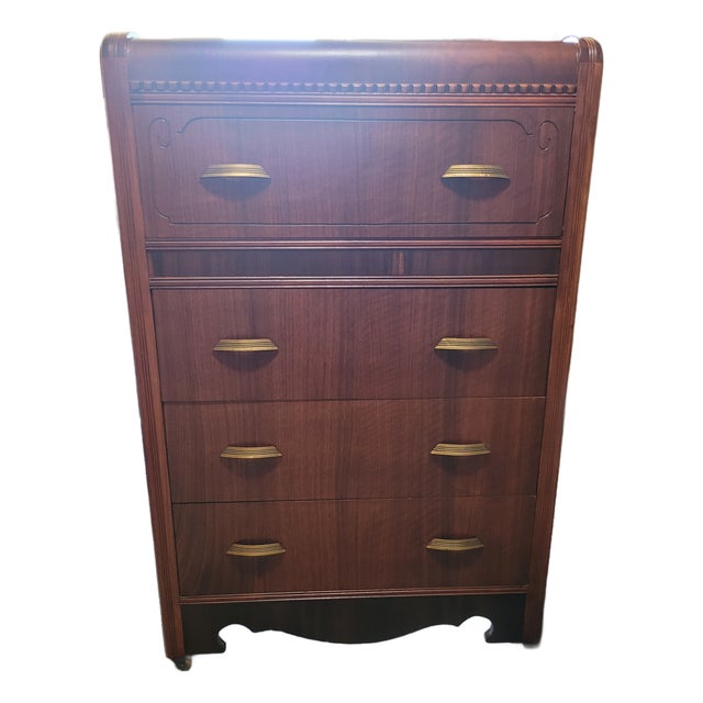 1930s Art Deco Waterfall Highboy Dresser For Sale