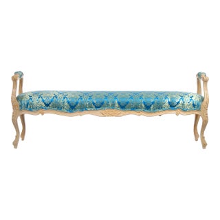 Painted Wood Window Bench / Arms & Flute Carved Accents / Upholstered Seat For Sale