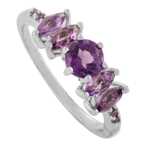 Timeless Round Centerpiece Five-Stone Amethyst Pure 925 Silver Ring - Size 7